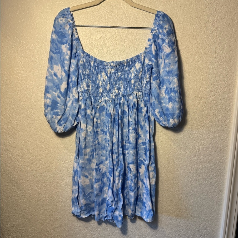Faithful the Brand ALINA Revolve Blue Smocked Puff Sleeve Mini Party Dress 6